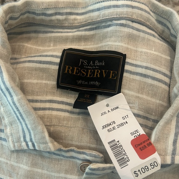 Jos A Bank Reserve LINEN Short Sleeve Button Up Shirt 2X NWT Blue Beige Stripe - Picture 6 of 13